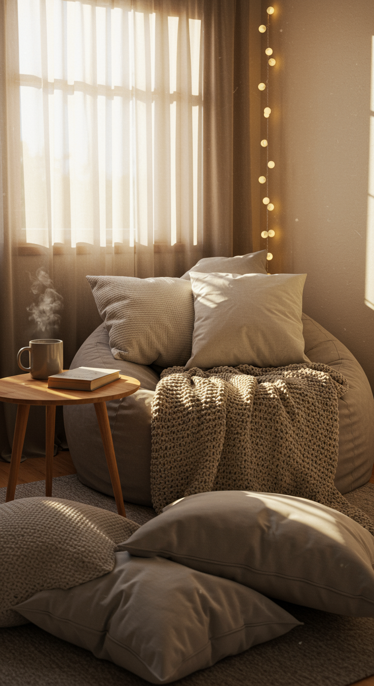 Light Peace Retreat - A sun-drenched living room corner transformed into a "Light Peace Retreat," featuring a plush beanbag chair draped with a knitted throw blanket. Several fluffy pillows in muted tones are scattered around the chair, alongside a small, round wooden table holding a steaming mug and a paperback book with slightly dog-eared pages. Soft, warm light filters through sheer curtains on a nearby window, creating a tranquil atmosphere, enhanced by delicate fairy lights strung along the wall.