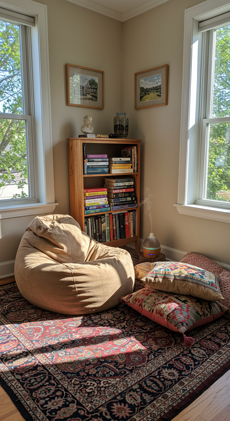 Soul Soothing Space - A sunlit corner of a living room, transformed into a personal relaxation zone. A large, plush beanbag chair sits on a soft, slightly worn Persian rug adorned with an assortment of colorful, mismatched pillows. A small, wooden bookshelf overflows with well-loved books, their spines faded and pages dog-eared. A calming aromatherapy diffuser emits a gentle mist, next to a collection of smooth, natural stones.