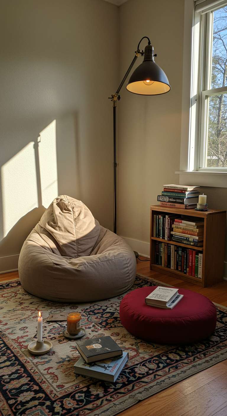 Mindful Relaxation Spot - A sun-drenched living room corner featuring a comfortable, slightly worn beanbag chair nestled on a soft, subtly faded Persian rug. A small, overflowing bookshelf stands nearby, illuminated by a warm, adjustable floor lamp with a slightly crooked lampshade. A meditation cushion rests on the rug next to a partially burned candle in a simple ceramic holder, with a few scattered, slightly dusty books adding to the cozy atmosphere.