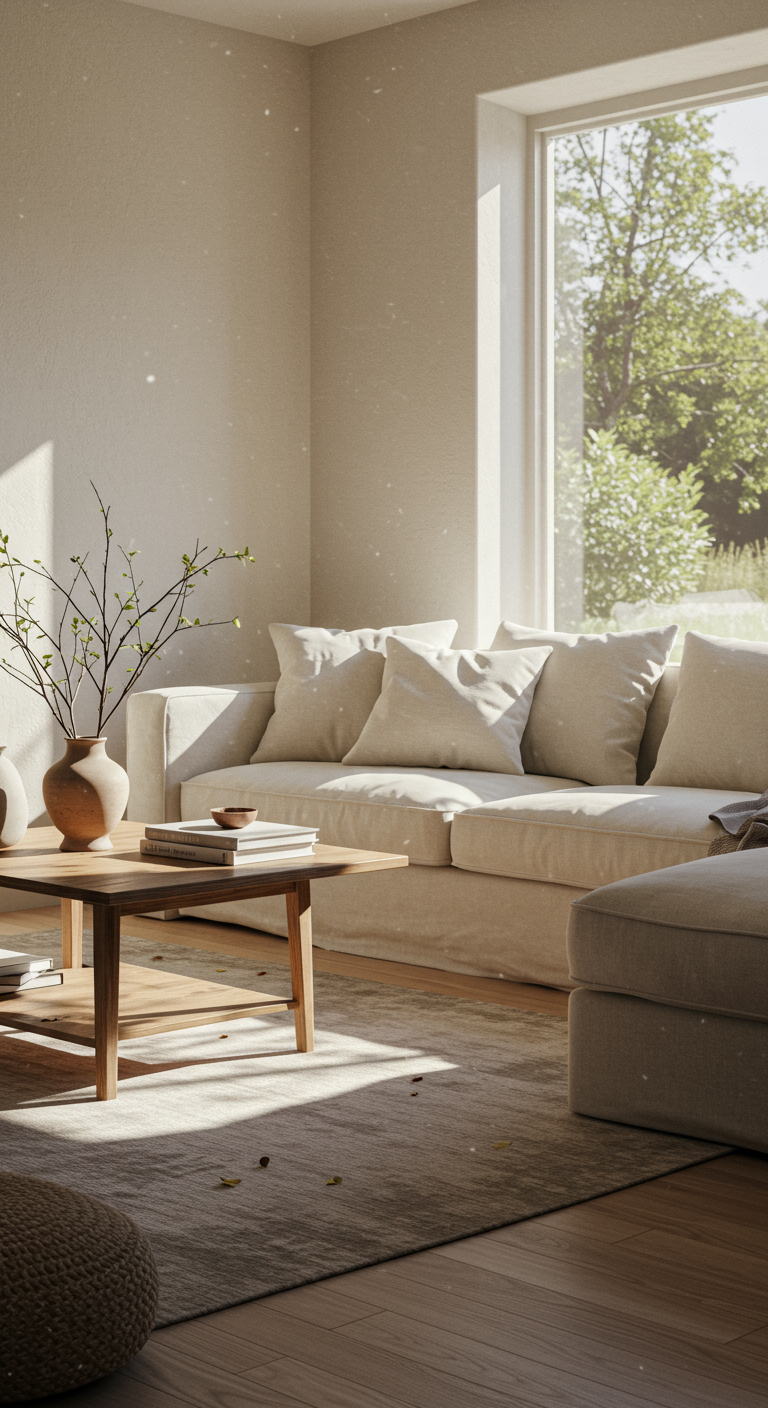 Home Sanctuary Styles - A sun-drenched living room in a minimalist style, featuring a large window overlooking a serene garden. Soft, natural light illuminates the room, highlighting the clean lines of the furniture: a low-slung sofa upholstered in off-white linen, a simple wooden coffee table, and a textured rug. A few carefully chosen decorative items, such as a ceramic vase with a single branch and a stack of books, add subtle visual interest. Slight imperfections are visible, like a barely noticeable crease in the rug and dust motes dancing in the sunlight, contributing to the realistic atmosphere.
