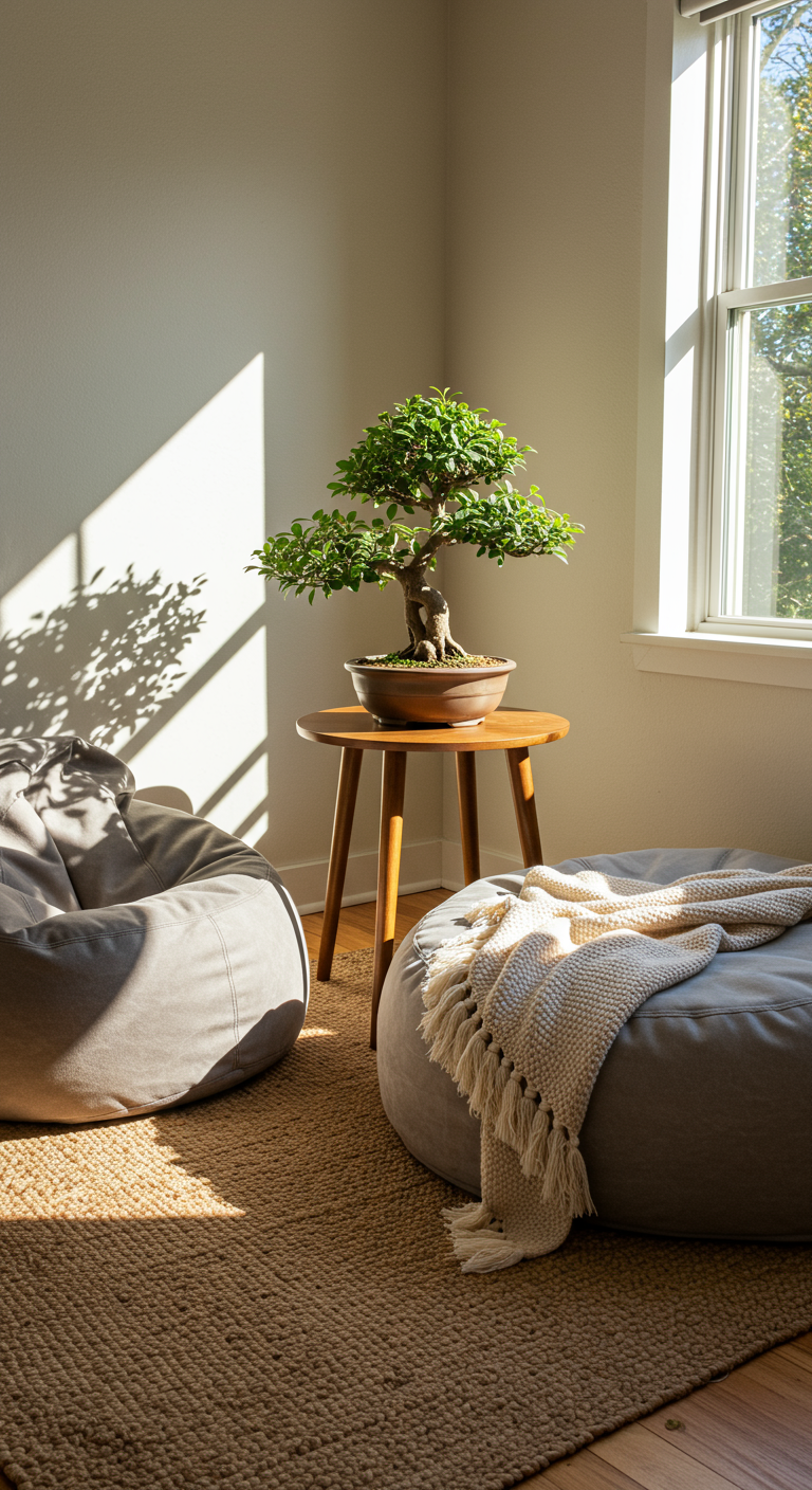 Inner Harmony Zone - A sunlit corner of a living room, designated as an "Inner Harmony Zone." A comfortable beanbag chair sits atop a woven rug, adorned with a soft, cream-colored blanket. A small, round wooden table holds a single, thriving bonsai tree in a ceramic pot. Sunlight streams through a nearby window, casting a warm glow on the scene, with dust motes subtly visible in the light beams.