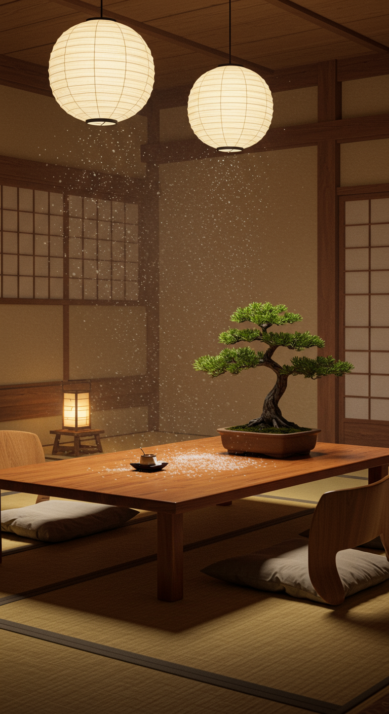 Japanese Relaxation Room - A serene Japanese relaxation room featuring a tatami mat floor, a low wooden table, and floor cushions. Soft, warm lighting emanates from paper lanterns hanging from the ceiling, casting gentle shadows. A small, meticulously pruned bonsai tree sits on the table, adding a touch of nature to the minimalist space, with subtle dust particles visible in the air.