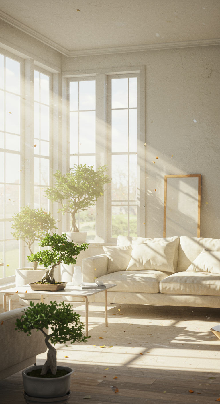 Airy Zen Sanctuary - A bright, airy living room bathed in natural light streaming through large windows. Minimalist furniture in light cream and gray tones, including a low-slung sofa and a simple coffee table. Several potted plants, including a small bonsai tree, are placed strategically around the room. A large mirror hangs on one wall, reflecting the light and creating a sense of spaciousness. Subtle imperfections like slightly uneven wall texture and a few dust particles floating in the sunbeams add to the realism.