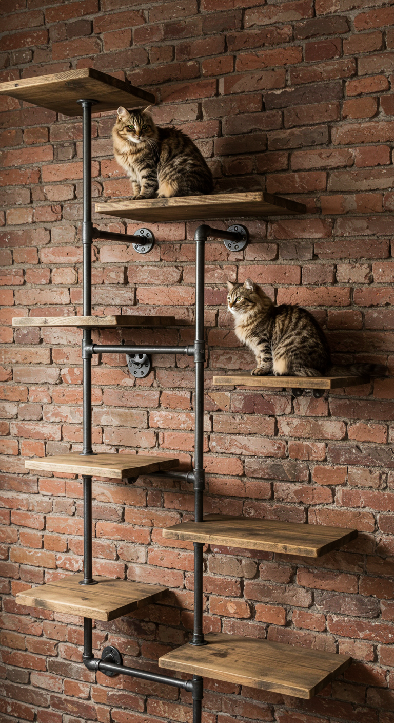 Industrial Cat Wall Mounts - A highly detailed, photorealistic image showcasing industrial cat wall mounts. The mounts are constructed from dark metal pipes and rough-hewn wooden planks, assembled into a multi-tiered climbing structure against a textured brick wall. A large, fluffy tabby cat is perched comfortably on one of the platforms, slightly blurring the image due to movement. Minor imperfections are visible, such as slightly uneven wood grain and subtle weld marks on the metal pipes, enhancing the realistic, industrial aesthetic.