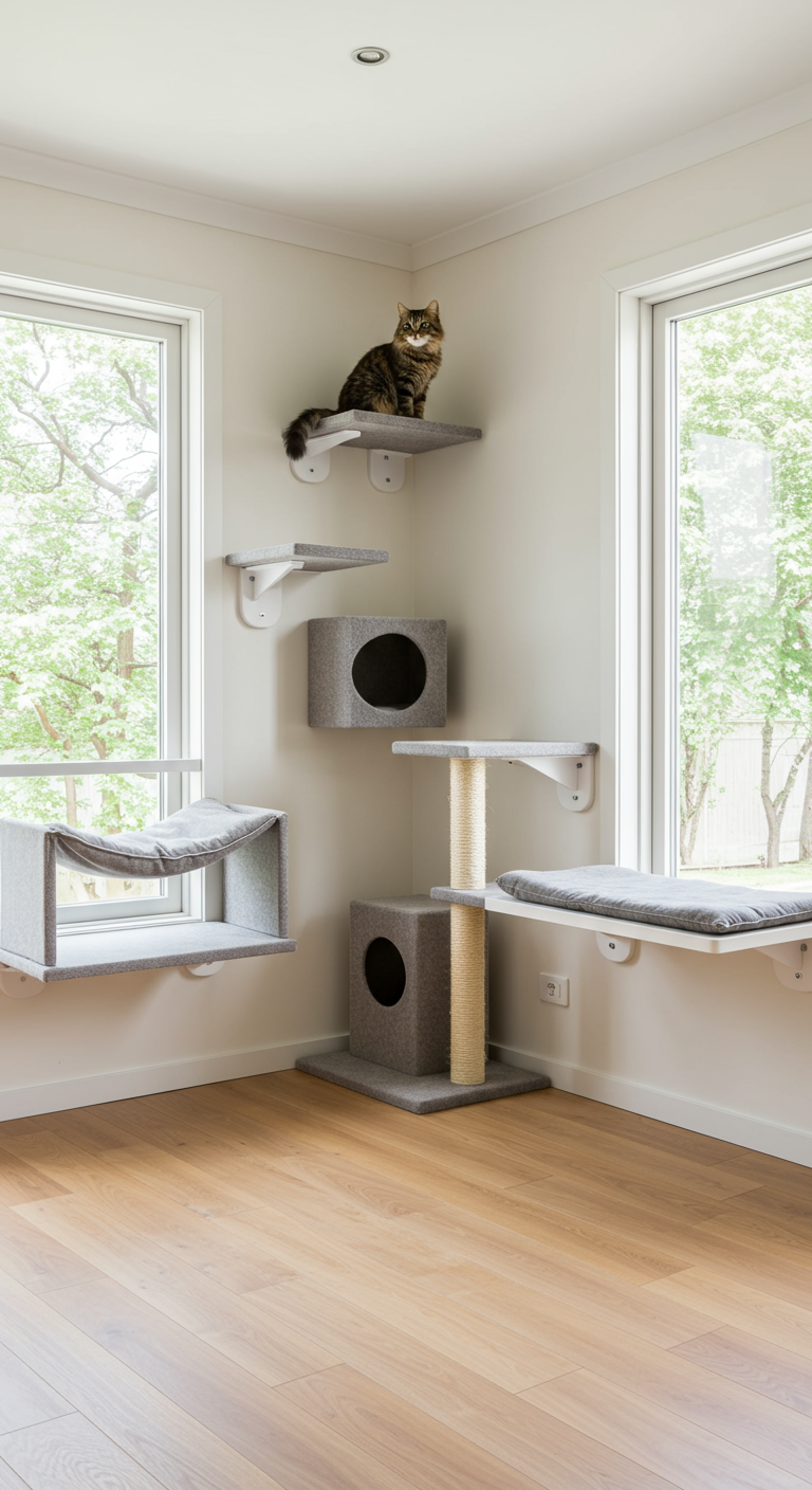 Space-Saving Cat Furniture - A bright, modern living room featuring a minimalist design with light wood floors and large windows. Several space-saving cat furniture pieces are seamlessly integrated into the decor: a sleek, wall-mounted cat shelf system with carpeted platforms at varying heights, a window-mounted cat bed with a plush cushion, and a corner cat scratcher made of natural sisal. A fluffy tabby cat is comfortably perched on the highest shelf, observing the room with relaxed curiosity. Subtle imperfections like slightly worn edges on the scratching post and a few stray cat hairs add to the realism.