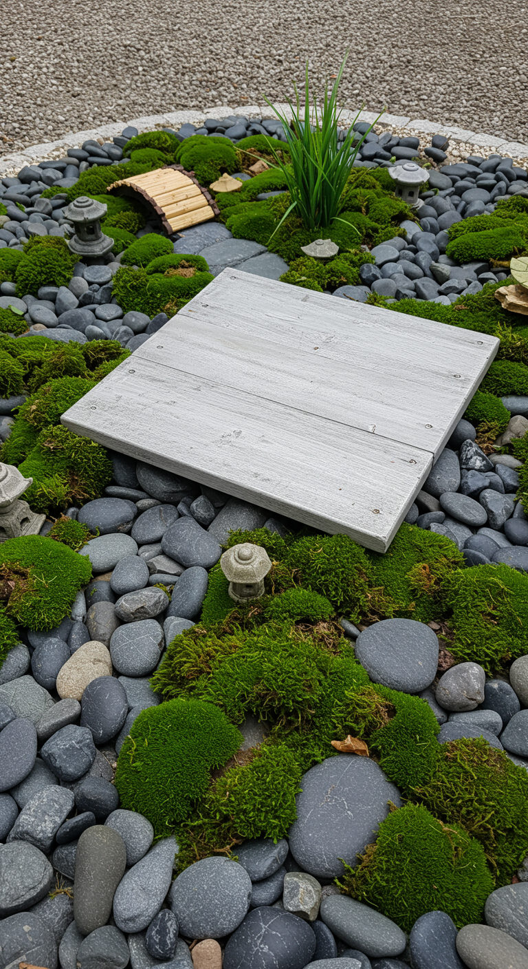 Zen Garden Cat Furniture - A highly detailed, photorealistic image of a Zen Garden Cat Furniture piece. The main feature is a light gray, slightly worn, flat platform for a cat to lounge on. Around the platform are smooth, dark gray river rocks of varying sizes, interspersed with patches of artificial moss that show slight imperfections and color variations. A few small, cat-safe decorative elements, like a miniature wooden bridge, are nestled among the rocks. The scene is lit with soft, natural light, casting subtle shadows that highlight the textures of the rocks and moss.