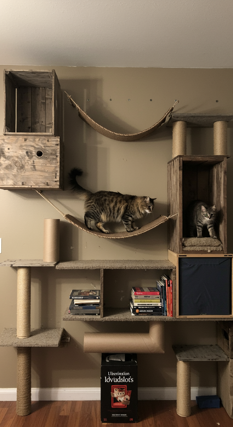 Upcycled Cat Wall Adventures - A cluttered living room wall transformed into an elaborate cat climbing structure made from repurposed materials. The structure features weathered wooden boxes, a repurposed bookshelf shelf covered in worn carpet, and sturdy cardboard tubes connected by a sisal rope bridge. A fluffy tabby cat confidently navigates the course, with slight fur shedding visible on the carpeted shelf. The wall shows minor imperfections like chipped paint and slightly crooked mounting, adding to the upcycled aesthetic.