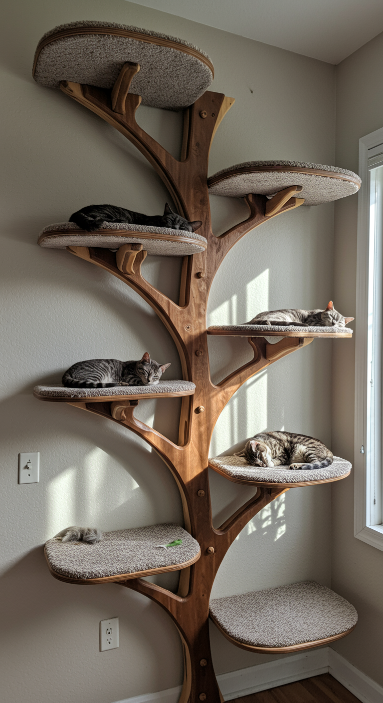 Magical Tree Cat Platforms - A multi-level cat climbing structure resembling a stylized tree, constructed from interwoven branches of light and dark wood, is mounted on a living room wall. Several platforms covered in textured, sisal-like carpeting are integrated into the tree design, each accommodating a sleeping cat. Sunlight streams through a nearby window, casting soft shadows and highlighting dust motes in the air, while a few stray cat hairs cling to the carpeted platforms.