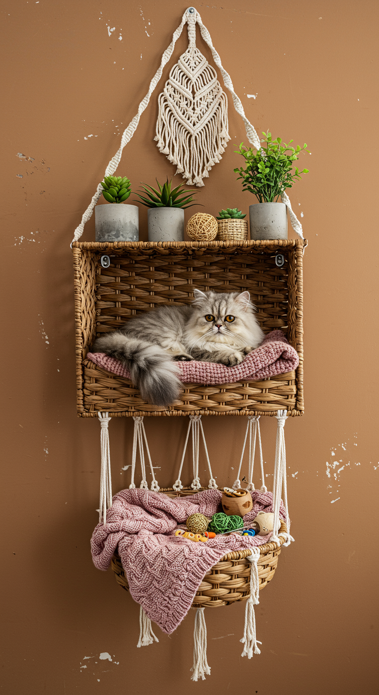 Bohemian Cat Hangouts - A bohemian-style cat hangout featuring a woven basket shelf mounted on a wall, draped with macrame and adorned with small, faux potted plants. A fluffy Persian cat lounges comfortably inside the basket, surrounded by soft, textured blankets and a scattering of catnip toys. The wall behind the shelf is painted in a warm, earthy tone, with subtle imperfections like slightly uneven texture and a barely visible hairline crack near the corner, enhancing the realistic, lived-in feel of the scene.