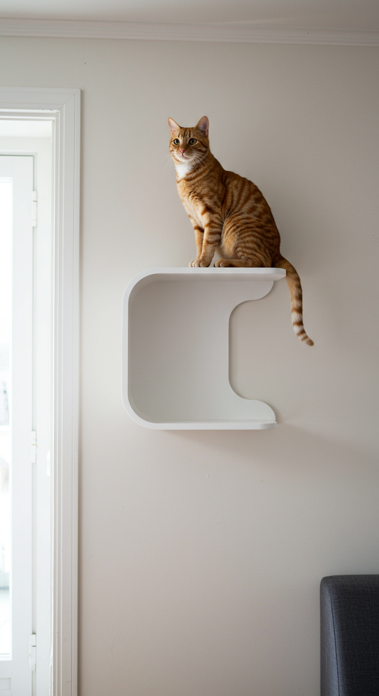 Secret Agent Cat Perches - A sleek, minimalist cat shelf, painted the same off-white as the surrounding wall, appears to float seamlessly within a modern living room. A ginger tabby cat perches atop the shelf, alert and observant, its tail subtly twitching. The shelf is subtly shaped like an abstract geometric form, blending in with the contemporary decor, with a slight imperfection in the paint near the corner, revealing a hint of the wood underneath. Soft, natural light streams in from a nearby window, casting subtle shadows that further enhance the illusion of the shelf's integration with the wall.