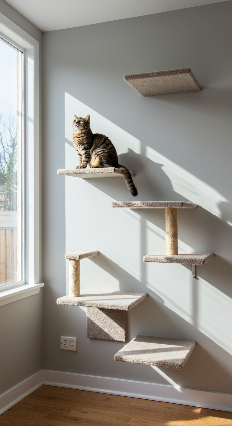 Kitty Space Solution - A modern living room interior featuring a series of floating cat shelves arranged in a staircase pattern on a light grey wall. A fluffy tabby cat is perched comfortably on the highest shelf, basking in a sunbeam streaming through a nearby window. The shelves are covered in a soft, beige carpet and one has an attached sisal scratching post. Subtle imperfections like slight dust accumulation on the shelves and minor scratches on the wall add to the realism.