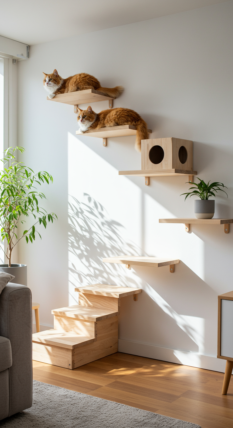 Space-Saving Kitty Solution - A sun-drenched modern living room featuring a series of staggered, light wood floating shelves acting as cat stairs, leading to a larger top shelf where a fluffy ginger cat is lounging comfortably. The shelves are securely mounted to a clean, white wall, with the lowest shelf positioned at a height easily accessible for a cat. Subtle scratches are visible on the wall near the bottom shelf, suggesting frequent use. The room is stylishly decorated with minimalist furniture and potted plants, emphasizing the space-saving design of the cat shelves.