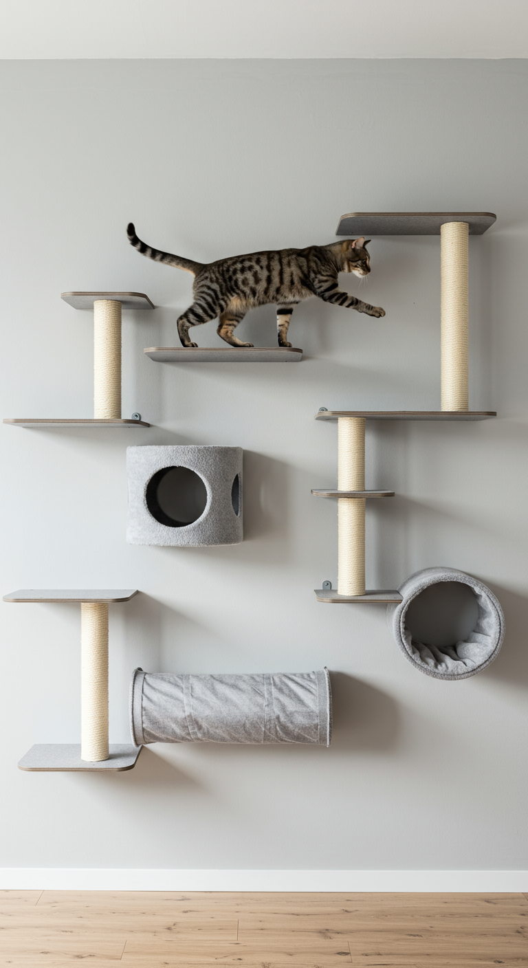 Wall Cat Savers - A brightly lit, modern living room features a series of interconnected cat shelves mounted on a light gray wall. The shelves, designed specifically for cats, include a carpeted scratching post, a tunnel-shaped enclosure, and a plush, circular bed, all arranged at varying heights to create a "cat highway." A sleek, short-haired tabby cat is gracefully leaping from one shelf to another, its tail slightly blurred with motion. The overall scene emphasizes space-saving design and feline enrichment, with subtle imperfections like slightly uneven shelf alignment and minor wall scuffs adding to the realism.