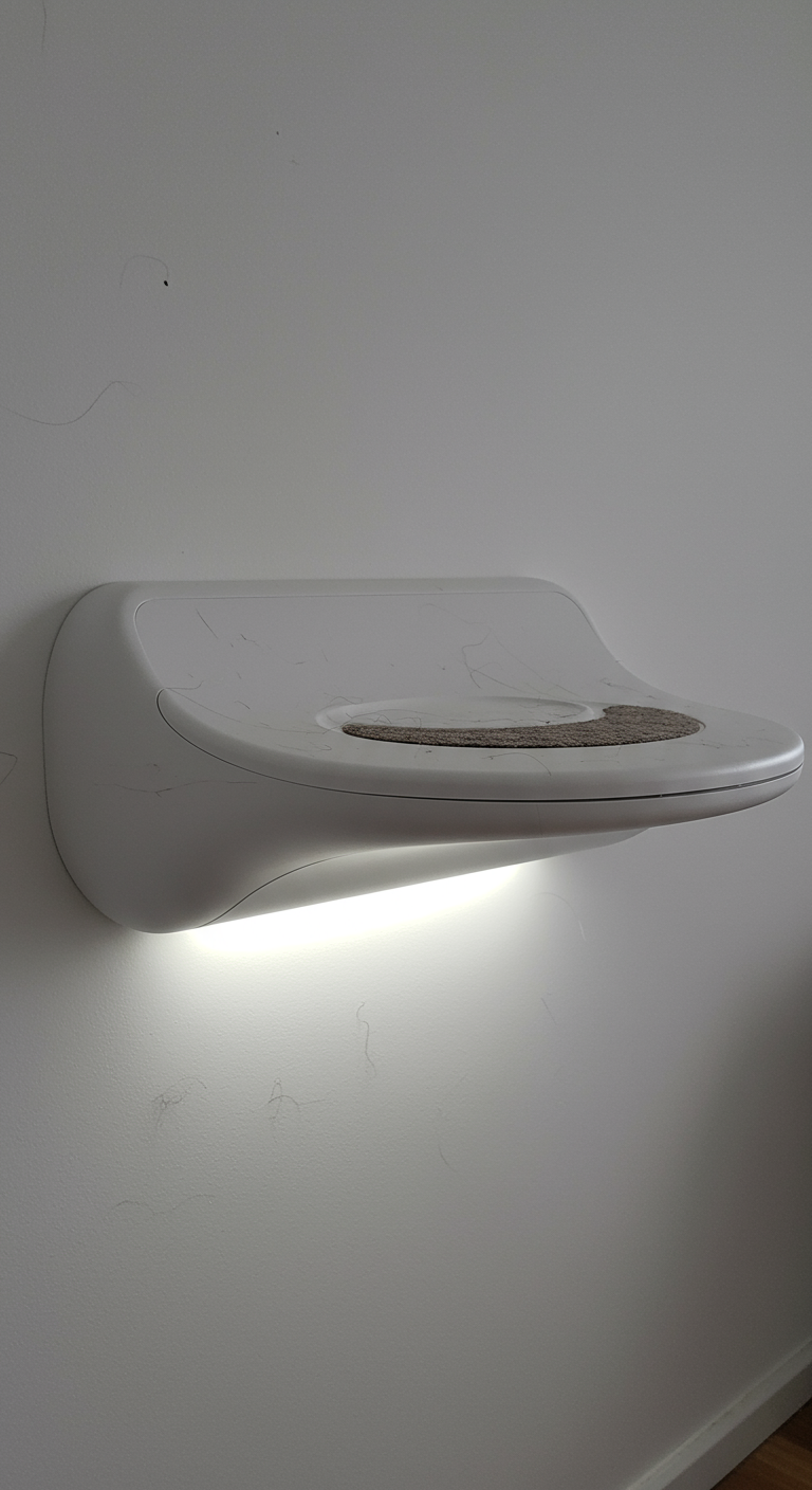 Space-Age Kitty Platforms - A sleek, modern cat platform made of molded white plastic, resembling a minimalist spaceship design. The platform features smooth curves and a circular resting area with a shallow indentation. Faint scratches are visible on the surface of the platform, indicating use. Soft, diffused LED lighting emanates from beneath the platform, casting a gentle glow on the surrounding area. The platform is mounted on a clean, white wall with a few stray cat hairs clinging to the surface.