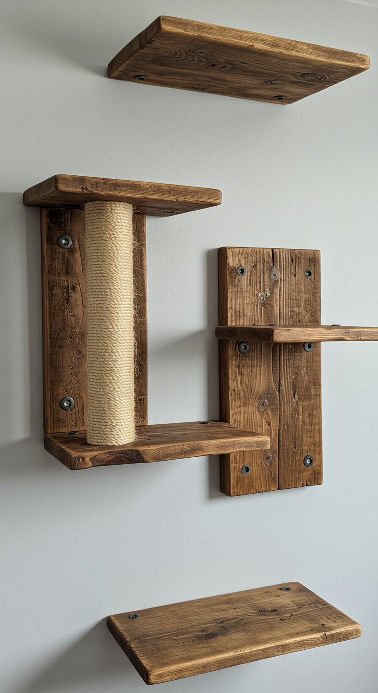 Rustic Wood Cat Climbers - A highly detailed, realistic photograph of rustic wood cat climbers mounted on a light gray wall. The climbers are crafted from reclaimed wood with visible knots and imperfections, showcasing the natural grain. Sisal rope is wrapped around some sections for scratching. Cat hairs and dust particles are subtly visible on the wood surfaces.