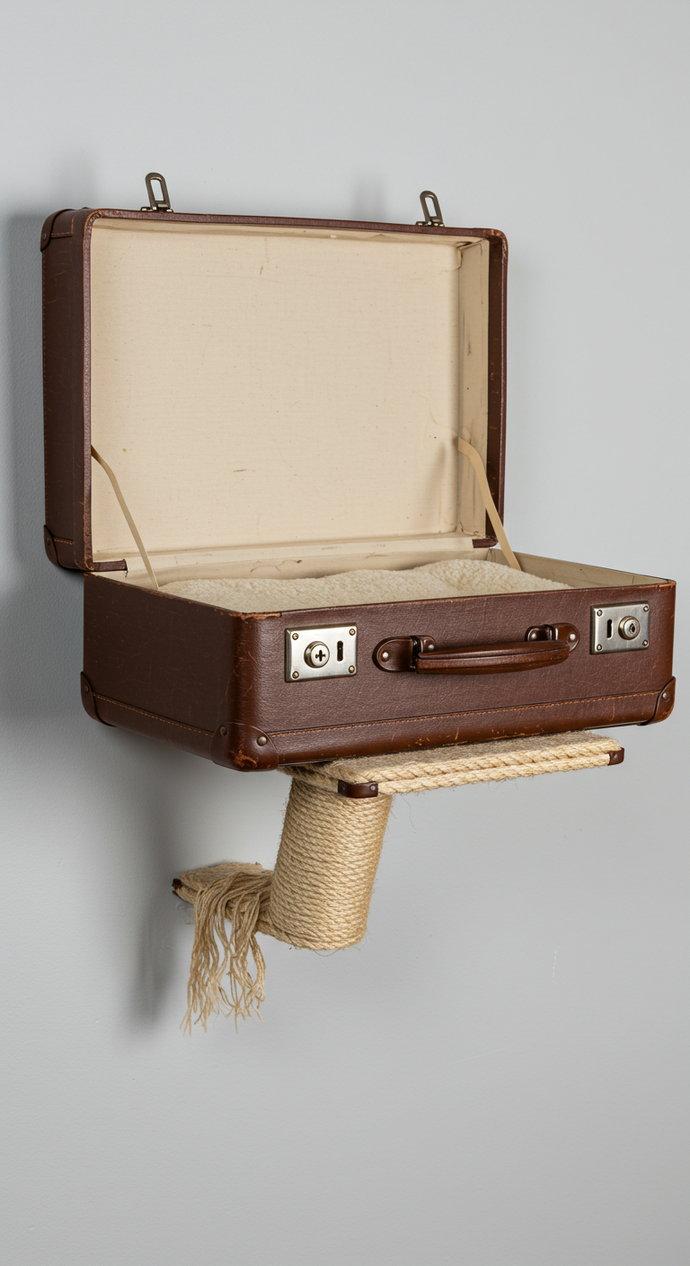 Vintage Suitcase Cat Shelves - A realistically lit, close-up shot of a vintage, slightly scuffed brown leather suitcase mounted on a light gray wall, repurposed as a cat shelf. Inside, a plush cream-colored cushion is visible, indented from use. Sisal rope is wrapped haphazardly around one side of the suitcase, showing signs of wear and frayed ends.