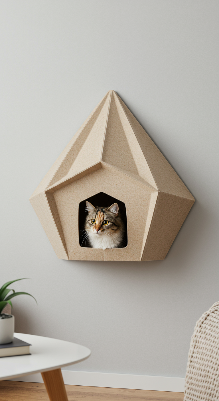 Origami Cat Shelters - A highly detailed photograph of a modern living room featuring a beige Origami Cat Shelter mounted on a light gray wall. The shelter, constructed from thick, pressed felt, exhibits sharp, geometric folds characteristic of origami, with a small opening for the cat to enter. A fluffy, calico cat is comfortably nestled inside, partially visible through the entrance. Subtle scratches are visible on the shelter's surface, adding a touch of realism.