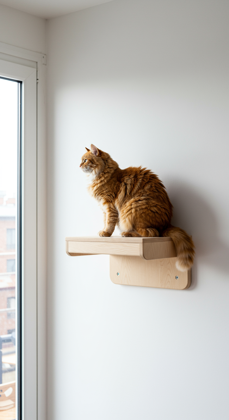 Minimalist Cat Ledge Savers - A minimalist cat ledge saver, made of light wood, mounted on a clean, white wall in a modern living room. A fluffy ginger cat is perched comfortably on the ledge, gazing out a nearby window. The ledge has a simple, rectangular design with rounded edges, and subtle wood grain texture is visible. Minor imperfections in the wall paint and slight dust accumulation on the ledge add to the realism.