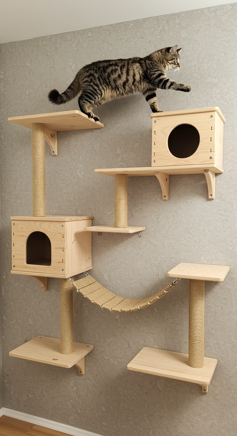 Jungle Gym Cat Wall Shelves - A multi-tiered jungle gym cat wall shelf system constructed of light wood and sisal rope, mounted on a textured living room wall. The structure includes staggered platforms, a rope bridge, and a small enclosed cat house, all designed for climbing and exploration. Dust and slight imperfections on the wall and shelves add a touch of realism. A fluffy tabby cat is mid-leap between two platforms, showcasing the functionality of the design.