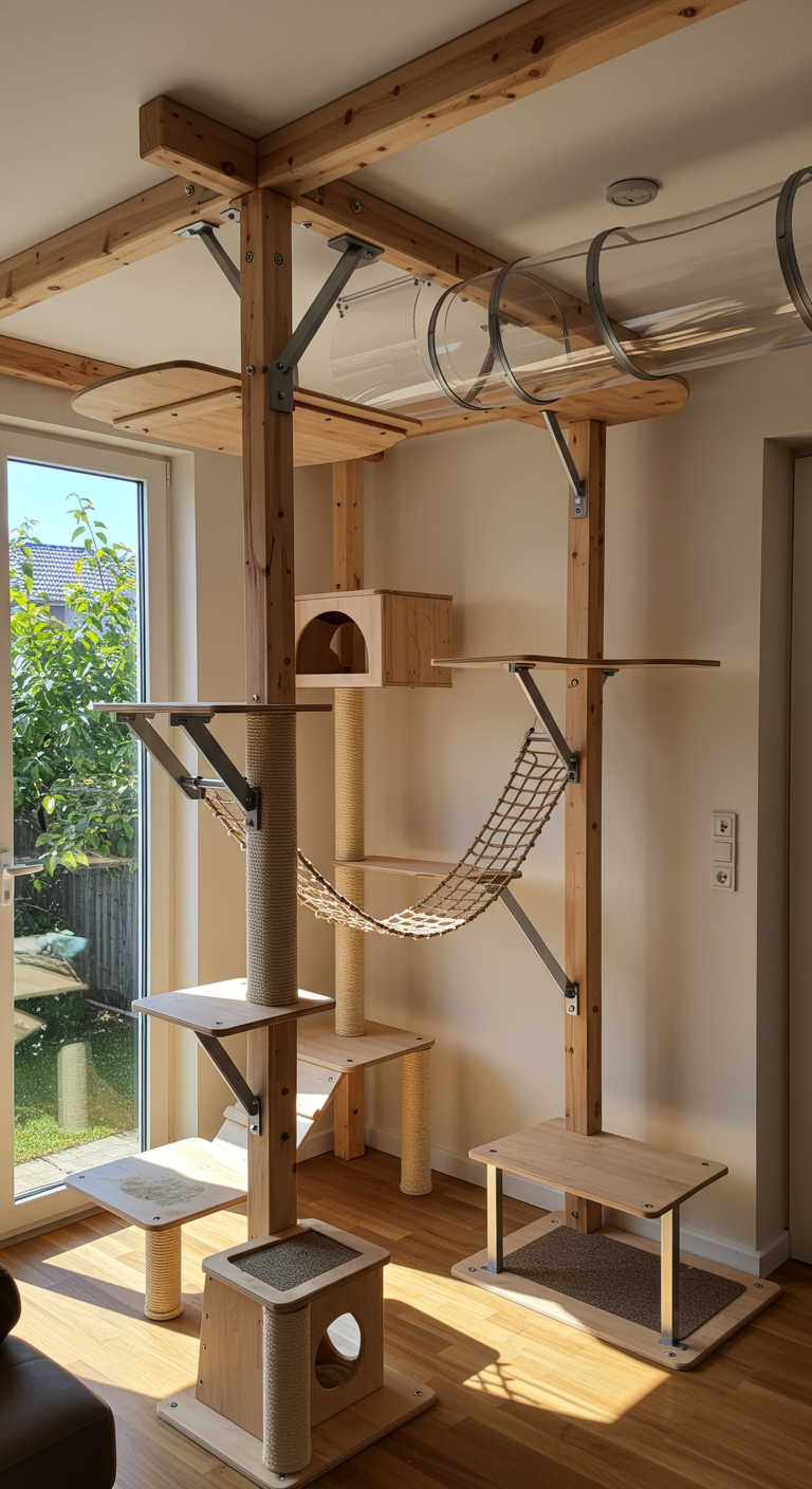 Modern Catwalk Systems - A modern living room featuring a complex, multi-tiered cat catwalk system constructed from light wood and brushed aluminum. The system incorporates platforms of varying sizes, connected by a rope bridge and a clear acrylic tunnel, winding along the walls near the ceiling. Sunlight streams through a large window, casting shadows and highlighting dust motes in the air, with a slightly worn scratching post visible at the base of one supporting beam, adding a touch of imperfection.