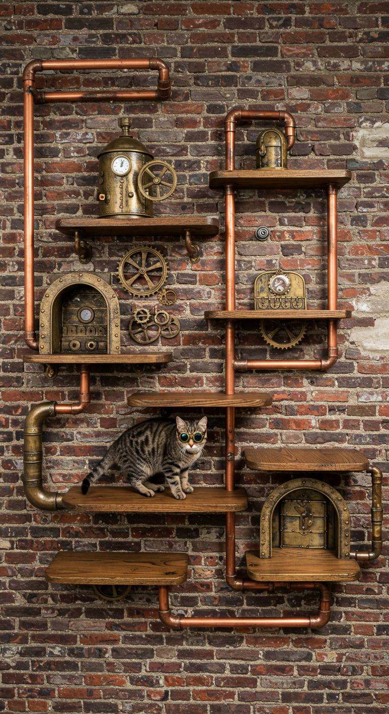 Steampunk Cat Wall Designs - Highly detailed steampunk cat wall design featuring interconnected wooden platforms supported by intricate networks of copper pipes and brass gears. A curious tabby cat with optional (but encouraged) miniature goggles explores the multi-tiered structure, which is mounted on a distressed brick wall with visible mortar lines. The design incorporates small, carpeted nooks and tunnels resembling steam pipes, complete with faux rivets and subtle weathering effects, suggesting age and use.