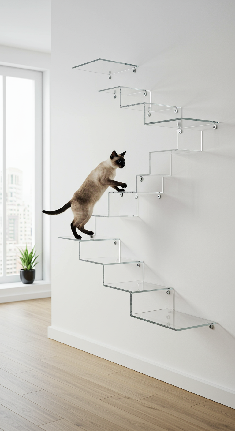 Invisible Cat Support - Ultra-modern room with floating “invisible” cat shelves made of transparent acrylic or glass, mounted discreetly on a bright, white wall. The steps are cleverly designed to appear suspended in mid-air, with minimal visible brackets, giving the illusion of unsupported levitation. A slim Siamese cat climbs gracefully across the steps, captured in a mid-stretch pose. The environment includes a sleek interior with polished floors, minimal furniture, and a tall window casting sharp natural light. Reflections and transparency effects of the acrylic material are emphasized to enhance realism. Skin-level details on the cat, including subtle whisker shadows and realistic fur texture. Focus on architectural balance and the contrast between functionality and illusion. Fully visible background, no blur, with attention to depth and shadows from the “invisible” steps on the wall.
