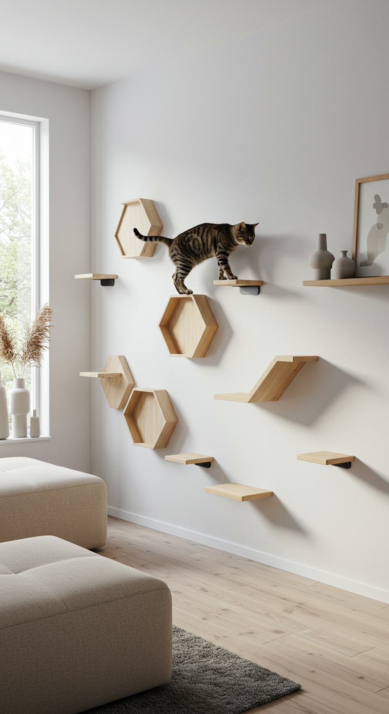 Geometric Cat Step Solutions - Photorealistic image of a modern, Scandinavian-inspired living room with a clean, minimal aesthetic. Mounted along one matte white wall is a series of uniquely shaped geometric cat steps — including hexagons, triangles, and trapezoids — arranged in a purposeful, upward flow that’s both functional and decorative. The steps are crafted from smooth, light oak with visible grain and are supported by sleek matte black metal brackets.