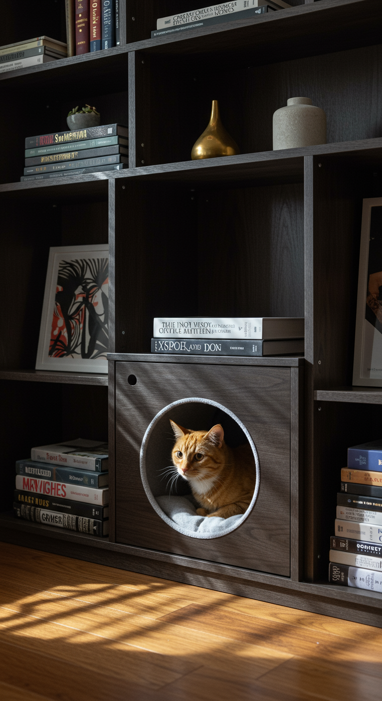 Hidden Cat Space Savers - A modern living room interior featuring a dark wood bookshelf. The bottom shelf discreetly integrates a cat cave with a circular entrance, lined with soft, light gray fabric. A ginger cat is partially visible inside, with its tail draped over the edge. The bookshelf contains various books and decorative items, and the overall scene is well-lit with natural light coming through a nearby window, casting subtle shadows.