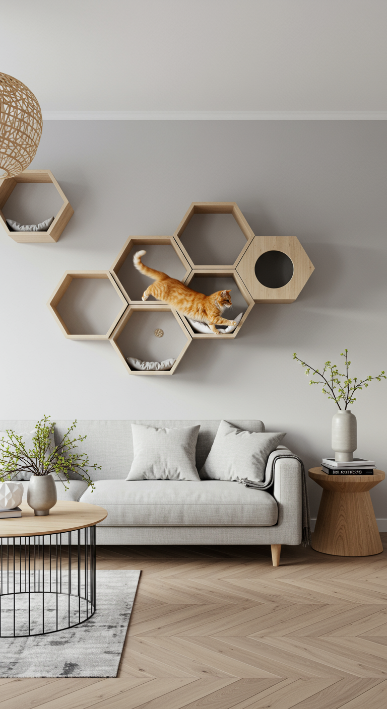 Honeycomb Hideaway Cat Steps - A brightly lit, modern living room with light hardwood floors and minimalist decor. On a light gray wall, a cluster of hexagonal cat shelves are arranged in a staggered, ascending pattern, resembling a honeycomb. A fluffy ginger cat is mid-leap between two of the shelves, its tail extended for balance; one shelf has a small scratch mark. Some of the honeycomb shelves are open, while others are enclosed, creating small cave-like spaces.