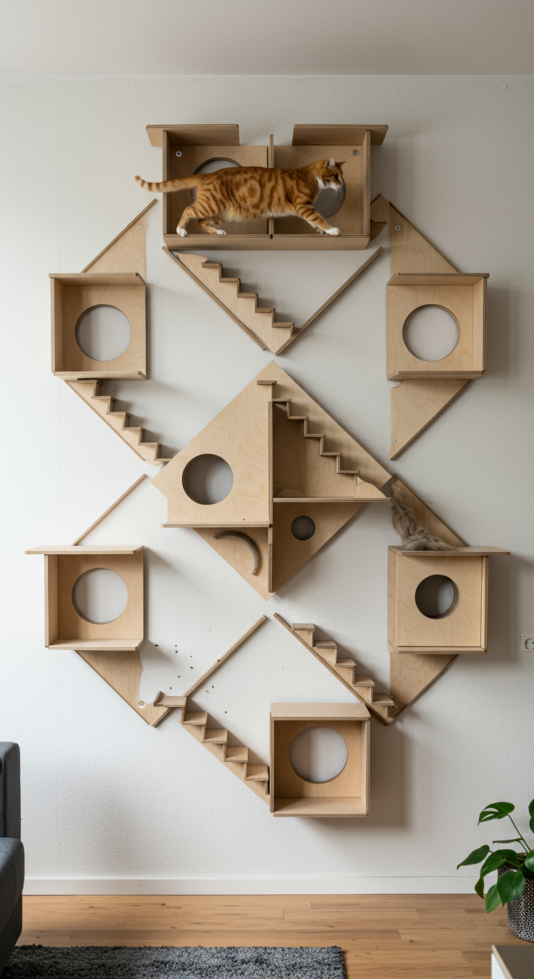 Escher-Inspired Catscapes - A hyperrealistic photograph of an elaborate, interconnected cat climbing structure inspired by M.C. Escher, featuring multiple levels, staircases that appear to defy gravity, and tunnels that loop back on themselves. The structure is made of light-colored wood and mounted on a textured white wall in a modern living room. A ginger tabby cat is mid-leap between two platforms, its fur slightly blurred to indicate motion; some cat hair is visible on the shelves.