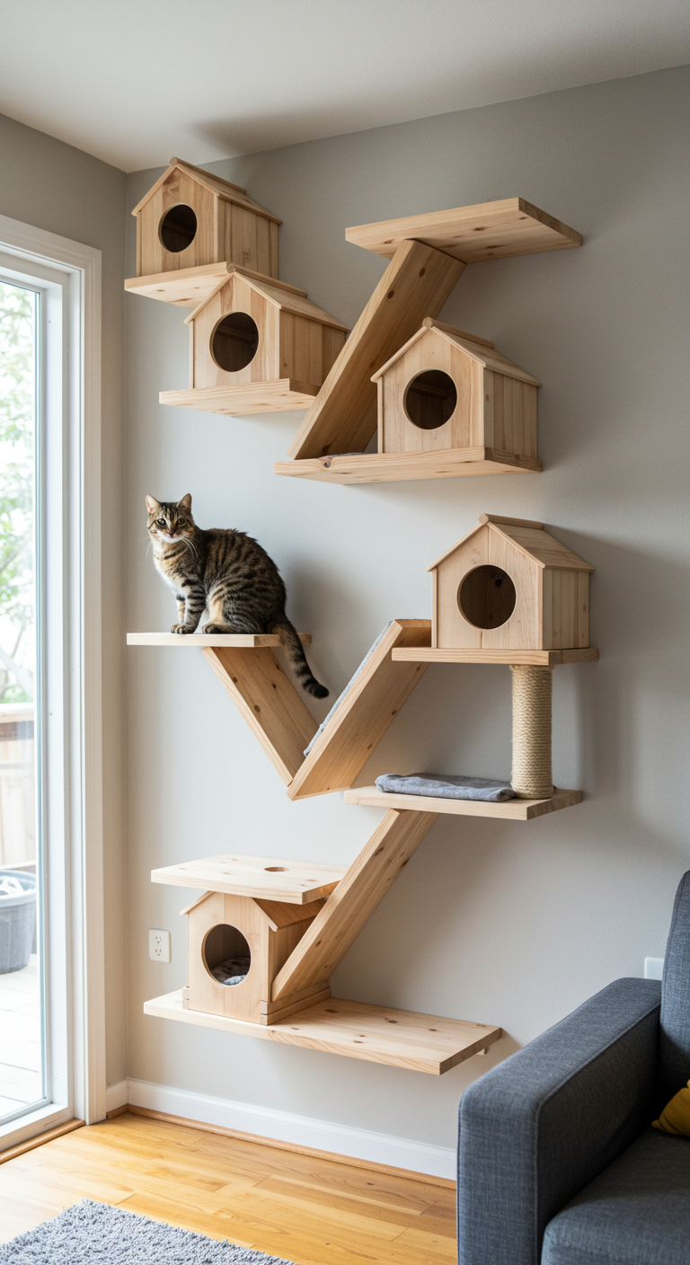 Vertical Cat Kingdoms - A modern living room featuring a floor-to-ceiling "Vertical Cat Kingdom" mounted on the wall. The structure consists of multiple wooden shelves, platforms, and small cat houses arranged in a staggered, asymmetrical design. A fluffy tabby cat is perched on one of the higher platforms, looking down with curiosity; slight dust and cat hair are visible on the shelves. Natural light streams in from a nearby window, casting soft shadows and highlighting the textures of the wood and the cat's fur.