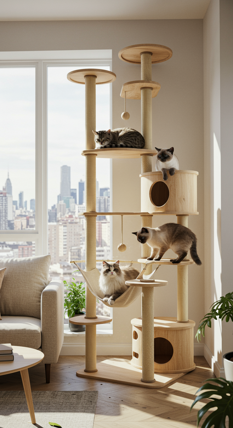 Elevated Cat Furniture - Ultra-realistic photograph of a stylish urban living room featuring a tall, custom-built cat tree made from lightly varnished natural wood and durable beige sisal rope. The structure extends from floor to ceiling beside a full-height window overlooking a real city skyline. The design includes multiple tiered platforms, a circular hammock, vertical sisal columns, and small integrated hideouts.