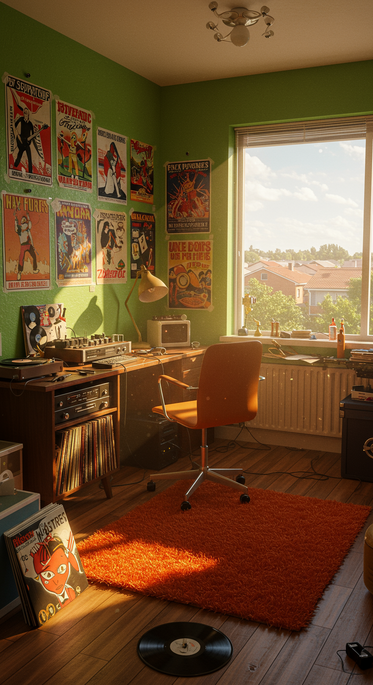 Retro Hobby Room Remix Ideas - A highly detailed, photorealistic hobby room bathed in warm, diffused light. The walls are painted a vibrant avocado green, adorned with vintage concert posters slightly faded with age and secured with clear pushpins. A mid-century modern desk, cluttered with electronics, tools, and a half-finished project, sits beneath a large window overlooking a suburban neighborhood. An orange shag rug covers a portion of the hardwood floor, showing slight wear and tear, and a vintage record player rests on a nearby shelf alongside stacks of vinyl records in their worn sleeves.
