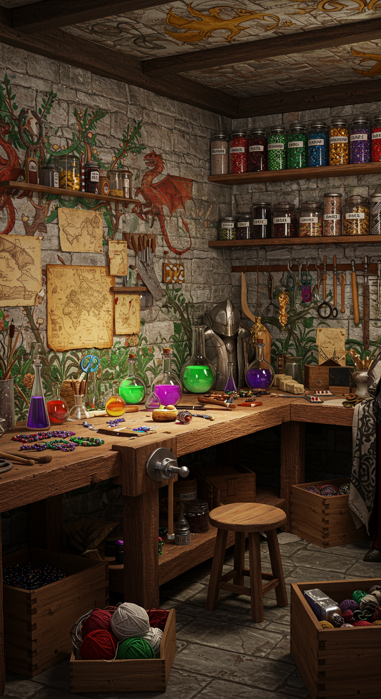 Fantasy Realm Crafting Space Ideas - A highly detailed and realistic image of a fantasy-themed crafting room, overflowing with creative supplies. The room features stone walls partially covered in hand-painted murals depicting dragons and enchanted forests, with scattered imperfections and slight weathering for an authentic feel. A large wooden workbench dominates the center, cluttered with tools, vials filled with colorful liquids, and half-finished projects like costume pieces and miniature props. Old maps are pinned to the walls alongside shelves filled with labeled jars and boxes containing crafting materials, such as "Dragon Scales" (beads) and "Elf Hair" (yarn); a faux suit of armor stands guard in a corner, adding to the immersive atmosphere.