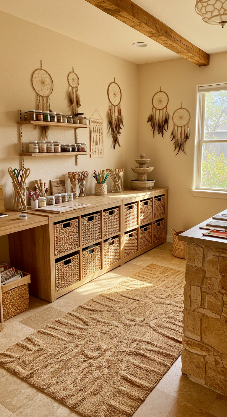 Desert Oasis Craft Room Ideas - A brightly lit craft room designed with a desert oasis theme, featuring light wood shelving holding neatly organized craft supplies in woven baskets. Sandy beige walls are adorned with earthy-toned dream catchers, while a small indoor fountain rests on a stone countertop. Natural light streams in, illuminating a textured rug resembling desert sand, with a few small imperfections adding to the realistic feel.