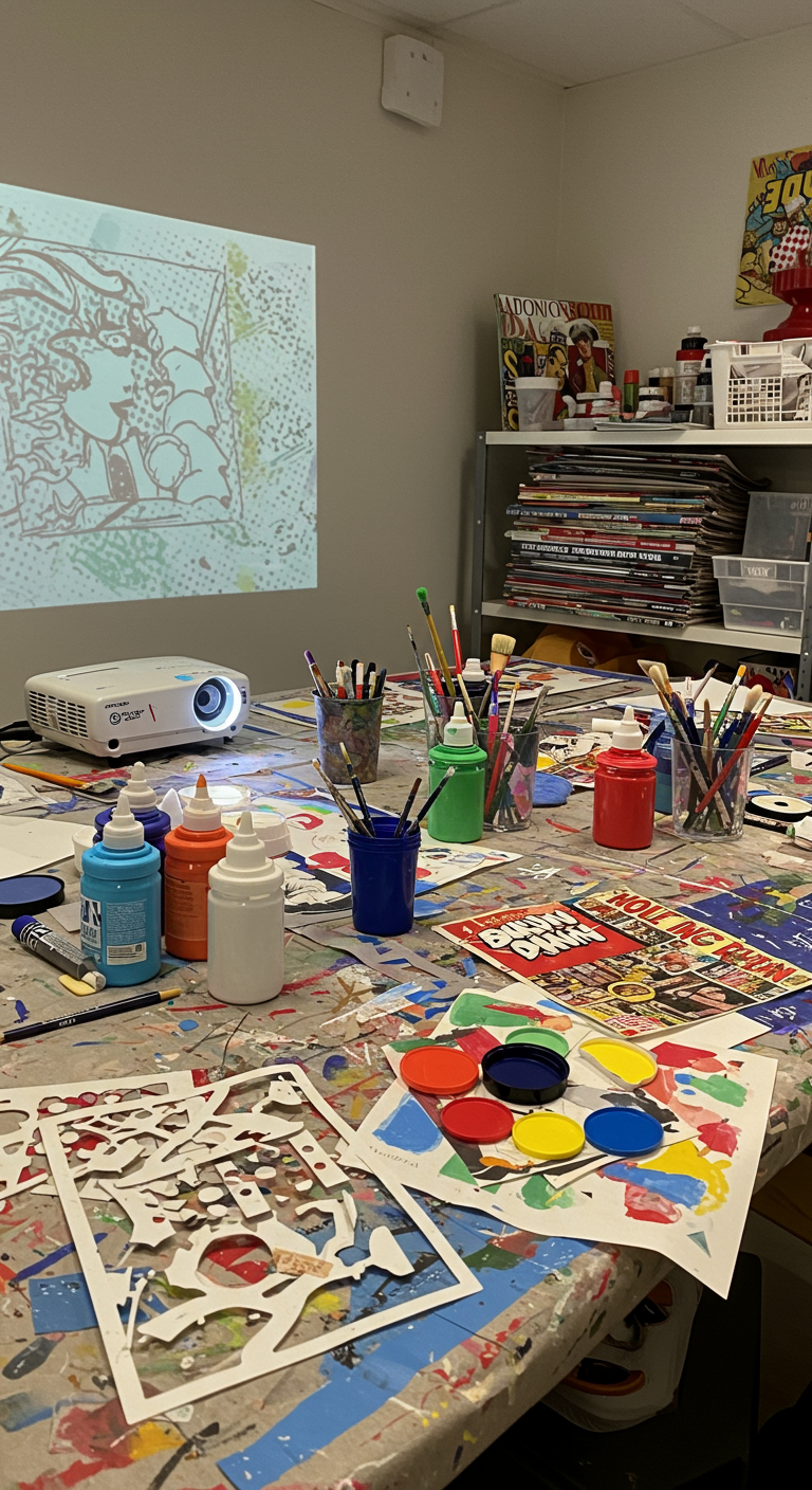 Pop Art Maker Space Ideas - A brightly lit, organized maker space dedicated to Pop Art creation. The scene includes a large table covered in acrylic paints of various vibrant colors, scattered stencils, markers, and stacks of vintage magazines and newspapers for collage. A projector casts an image onto a canvas, outlining a recognizable pop art subject. Ben-Day dot stencils are visible, alongside handmade attempts at replicating the effect, some slightly imperfect, adding a touch of realism.