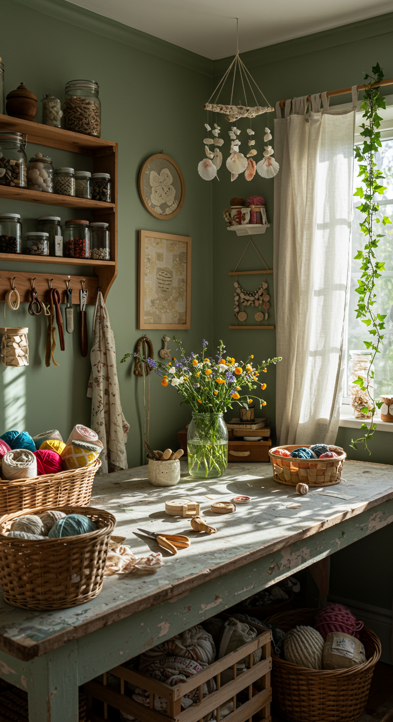 Nature-Inspired Craft Sanctuary Ideas - A sun-drenched craft room with walls painted a calming sage green, overflowing with natural light filtering through sheer linen curtains. Wicker baskets overflow with colorful yarn and fabric scraps, while wooden shelves display neatly organized jars of beads, buttons, and paintbrushes. A large, worn wooden table serves as the central workspace, scattered with tools, half-finished projects, and a small vase holding freshly cut wildflowers. A handmade mobile of seashells hangs gently near a window, and a trailing ivy plant climbs a nearby bookshelf, adding a touch of wildness to the organized chaos.