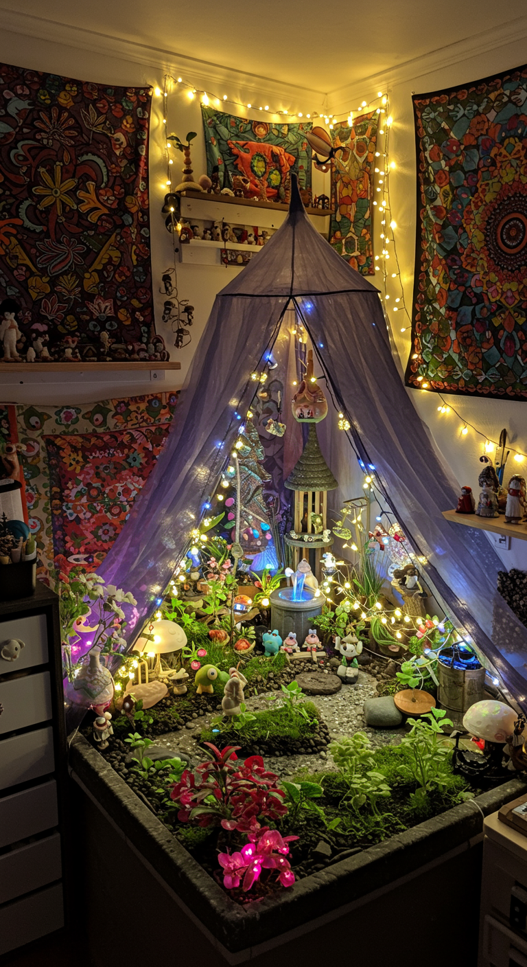 Whimsical Hobby Wonderland Ideas - A brightly lit hobby room transformed into a whimsical wonderland, featuring twinkling string lights draped across a miniature indoor garden with glowing fairy lights. Colorful tapestries adorn the walls, alongside shelves filled with quirky figurines and hand-painted rocks. A canopy creates a cozy, secret hideout workspace, complete with a bubbling water fountain, with minor dust particles visible in the air, illuminated by the string lights.