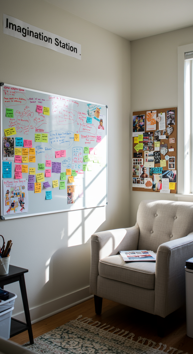 Imagination Station Designs - A brightly lit, dedicated creative space with a large whiteboard covered in colorful brainstorming notes and sketches, surrounded by art supplies. The area includes a comfortable, slightly worn armchair facing a mood board filled with inspiring images, fabric swatches, and handwritten quotes. Natural light streams in through a window, illuminating dust motes in the air, highlighting the organized chaos of the "Imagination Station."