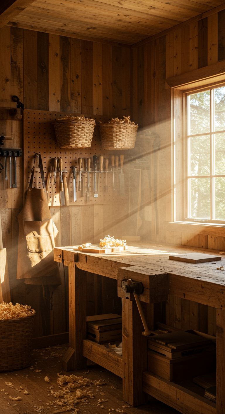Rustic Woodworking Room Ideas - A woodworking room with reclaimed wood walls and a workbench crafted from thick timbers. Sunlight streams through a large window, illuminating dust motes dancing in the air. Vintage woodworking tools hang on a pegboard, casting long shadows. Baskets overflow with wood shavings, and a worn leather apron hangs on a hook, subtly stained with sawdust and glue.