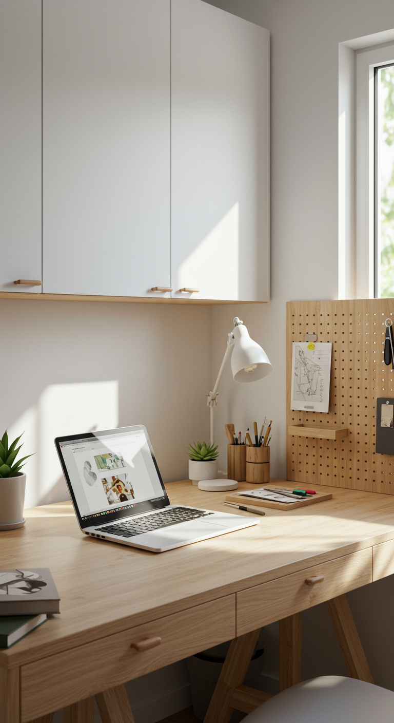 Minimalist Maker Haven Ideas - A brightly lit, minimalist maker space featuring a clean, light wood desk with a single laptop and a small, organized set of drawing tools. The desk is positioned against a white wall with built-in, handle-less storage cabinets. Natural light streams in from a large window, illuminating a simple, potted succulent on the desk. A partially visible, neatly arranged pegboard with a few essential tools hangs on the wall.