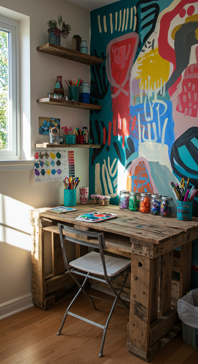 DIY Dream Room Ideas - A sun-drenched hobby room corner, showcasing a DIY desk crafted from reclaimed wood pallets, complete with visible nail holes and slightly uneven edges. The desk is adorned with a custom-painted mason jar organizer holding colorful art supplies. Behind the desk, a vibrant wall mural depicts abstract shapes and patterns, with a few visible paint drips adding to the handmade aesthetic.
