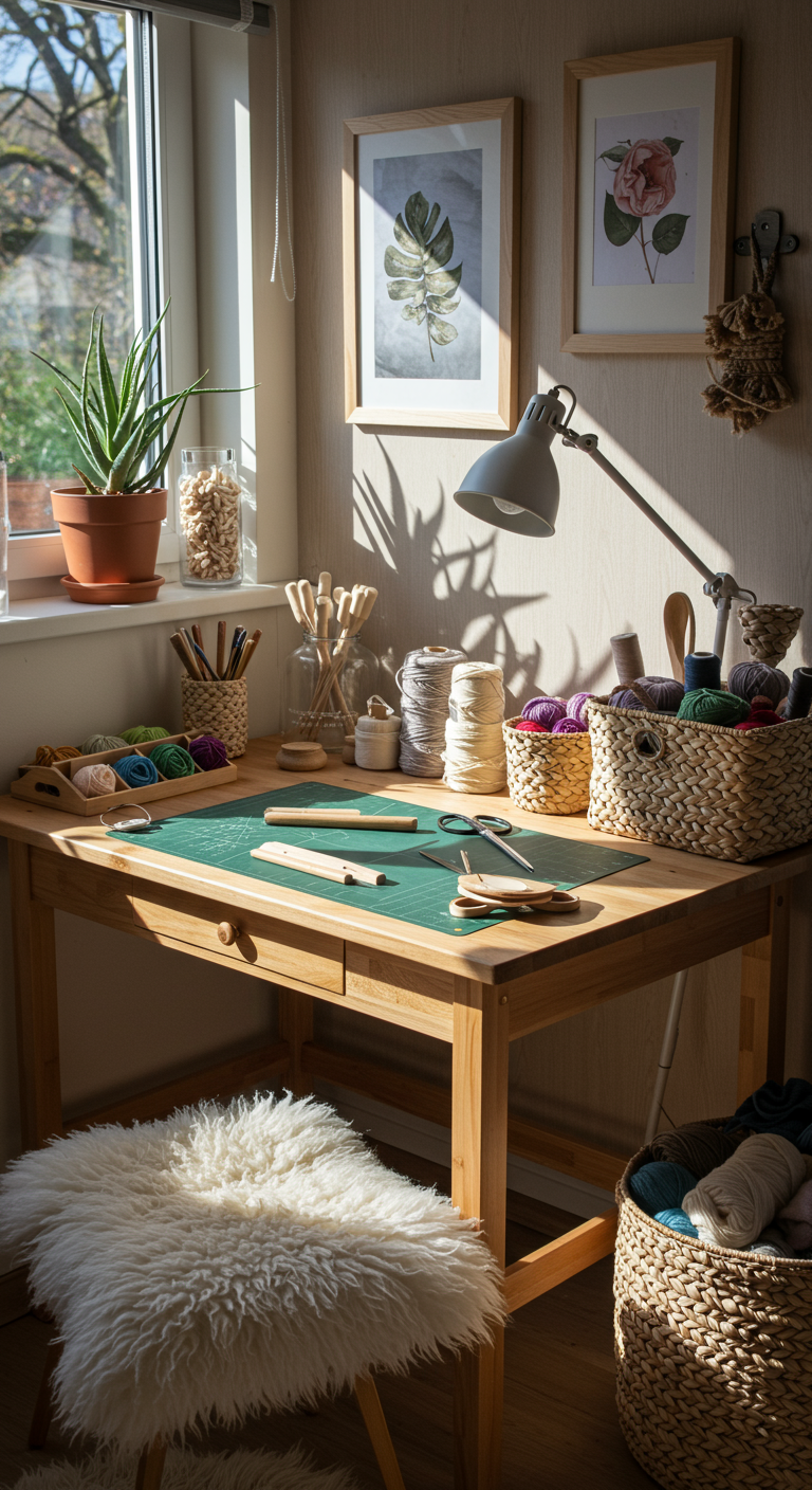 Nordic Maker's Nook Ideas - A sun-drenched Nordic maker's nook featuring a light wood desk with visible wood grain, topped with neatly organized crafting supplies. A soft, white sheepskin rug sits beneath the desk, and woven natural fiber baskets provide storage for yarn and tools. A small potted succulent rests on the windowsill, casting a subtle shadow, with slightly dusty leaves adding to the natural feel.