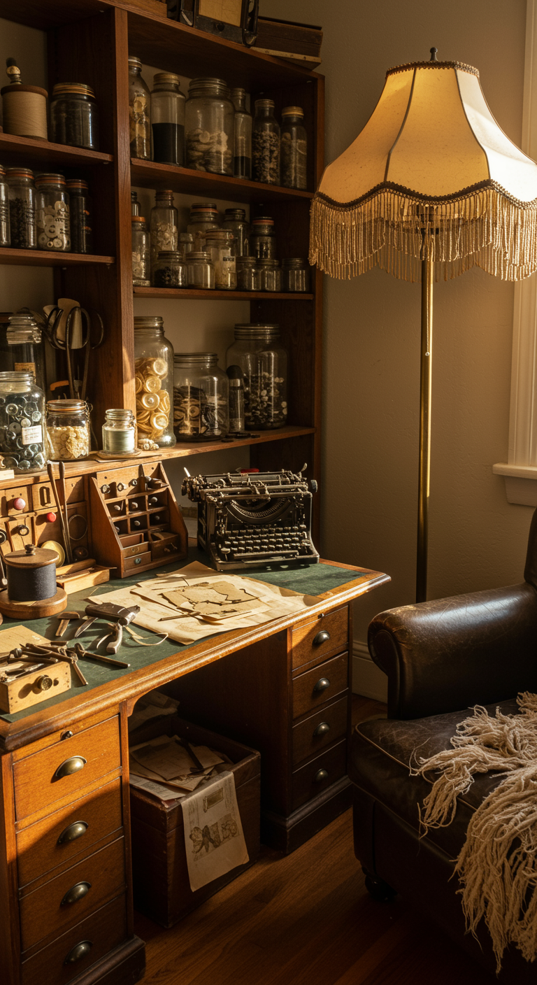 Vintage Inspired Maker's Quarters Ideas - A sun-drenched vintage maker's quarters featuring an antique wooden desk cluttered with aged paper, brass tools, and a half-disassembled vintage typewriter. Shelves overflow with glass jars filled with buttons, spools of thread in various colors, and antique tools. A worn leather armchair sits beside a floor lamp with a fringed shade, casting a warm glow on the scene. The room shows signs of use: scattered sketches, slightly dusty surfaces, and a few stray threads on the floor, suggesting a space actively used for creative endeavors.