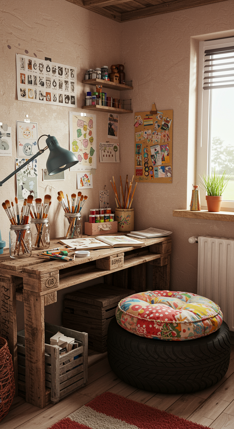 Upcycled Hobby Hideaway Ideas - A brightly lit, realistic image of a small, cozy hobby room built primarily from upcycled materials. A desk crafted from reclaimed wooden pallets sits against a wall, displaying visible nail holes and weathering. Mason jars, repurposed as organizers, hold paintbrushes and pencils, some slightly askew. An old tire, padded and covered in colorful fabric scraps, serves as a unique seat, showing slight wear and tear.