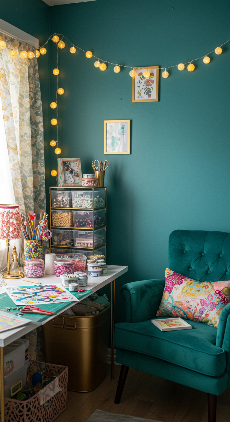 Glam Craft Room Getaway Ideas - A glamorous craft room bathed in soft, natural light, featuring teal walls and gold accents on storage containers. A plush velvet armchair sits beside a crafting table cluttered with colorful fabrics, beads, and various art supplies. Sparkly string lights are draped artfully across a wall, casting a warm glow on the scene, while a half-finished art project rests casually on the table.