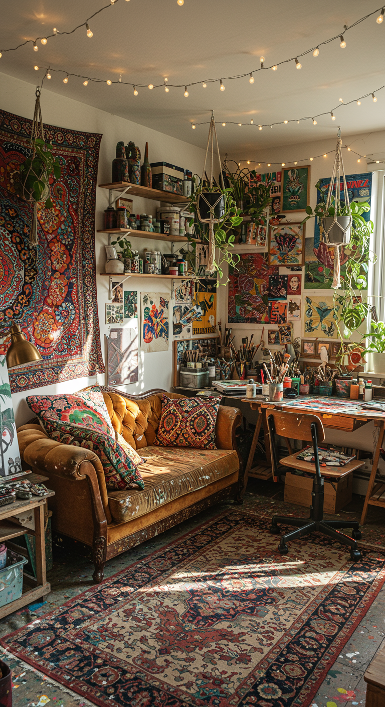 Colorful Bohemian Art Studio Ideas - A sun-drenched bohemian art studio, overflowing with vibrant colors and eclectic details. Mismatched furniture, including a vintage velvet couch piled with patterned cushions and a repurposed wooden desk cluttered with paint tubes and brushes. Walls adorned with tapestries, colorful posters, and shelves overflowing with art supplies, plants in macrame hangers, and collections of found objects. Splatters of paint on the floor and a slightly worn Persian rug add to the lived-in, creative atmosphere, illuminated by fairy lights strung across the ceiling.