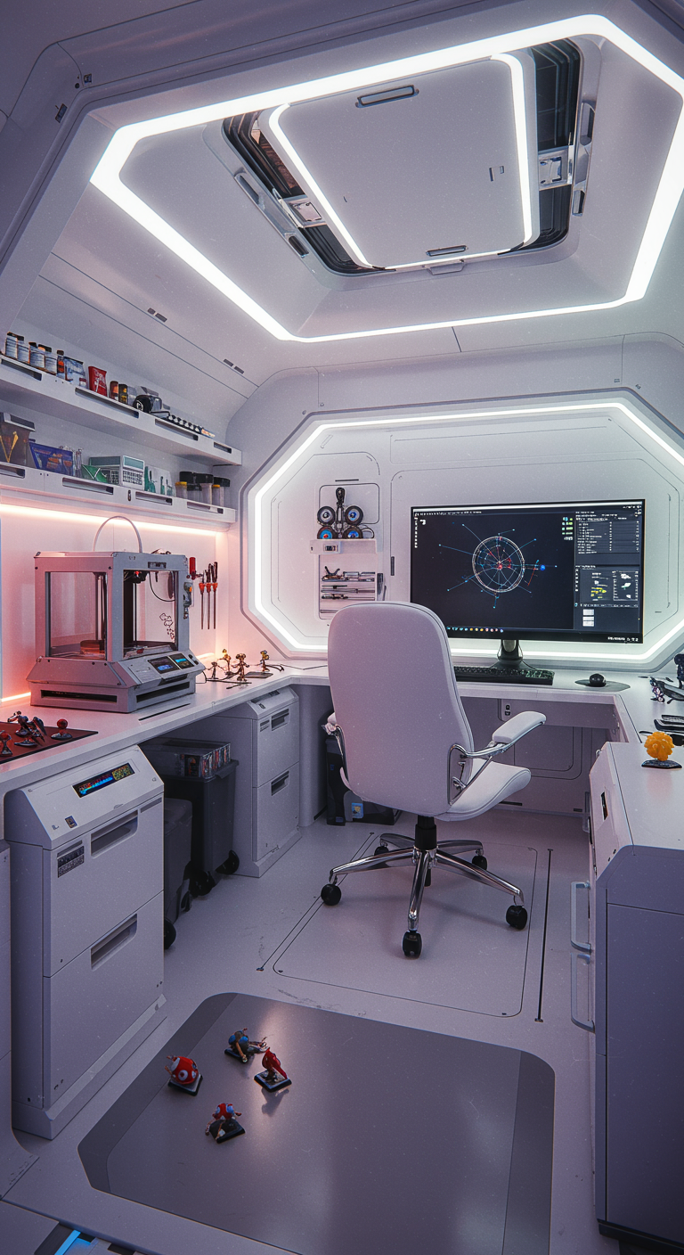 Space Age Hobby Pod Ideas - A highly detailed, photorealistic image of a futuristic "space age hobby pod" interior. The pod features sleek, curved white walls illuminated by built-in, color-changing LED strip lights. A comfortable, ergonomic swivel chair sits in the center, facing a large, curved smart display showing a 3D modeling tutorial. To the side, a mini 3D printer station is visible, with several miniature figurines scattered around. Hidden compartments and modular shelving units, reminiscent of a sci-fi spaceship interior, line the walls, holding various tools and materials. Minor imperfections like slight smudges on the glossy surfaces and subtle cable management issues add to the realism.