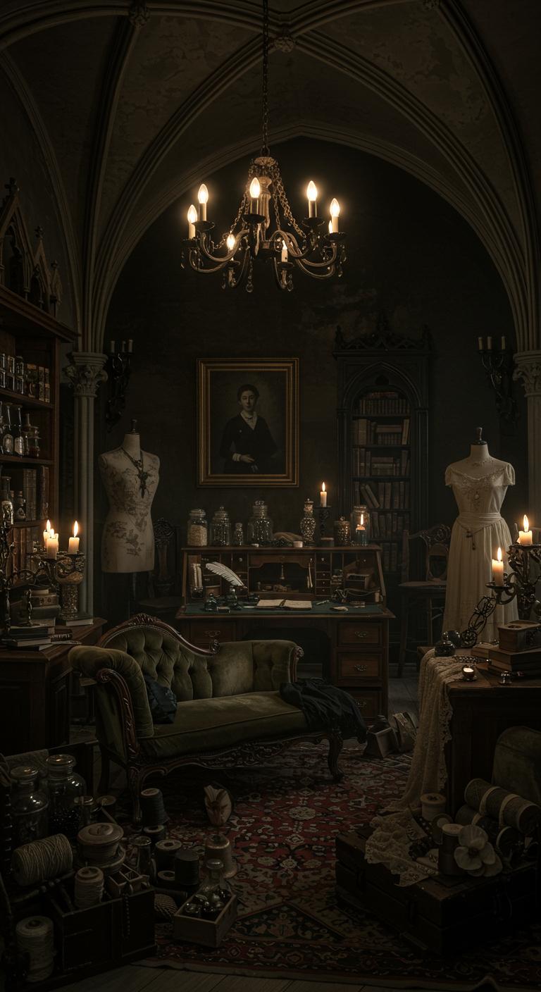 Gothic Maker's Retreat Ideas - A dimly lit, high-ceilinged room resembling a gothic castle interior, repurposed as a maker's space. Antique furniture is scattered throughout, including a velvet-upholstered chaise lounge, a dark wood writing desk cluttered with vintage quills and inkwells, and tall bookshelves filled with leather-bound books. Crafting supplies are artfully arranged: spools of dark-colored thread, antique apothecary jars filled with beads, and a vintage dress form draped with lace. Moody lighting is provided by flickering candles in ornate holders and a wrought-iron chandelier, casting long shadows across the room. A framed portrait with slightly faded colors hangs askew on the wall, adding a touch of eerie realism.