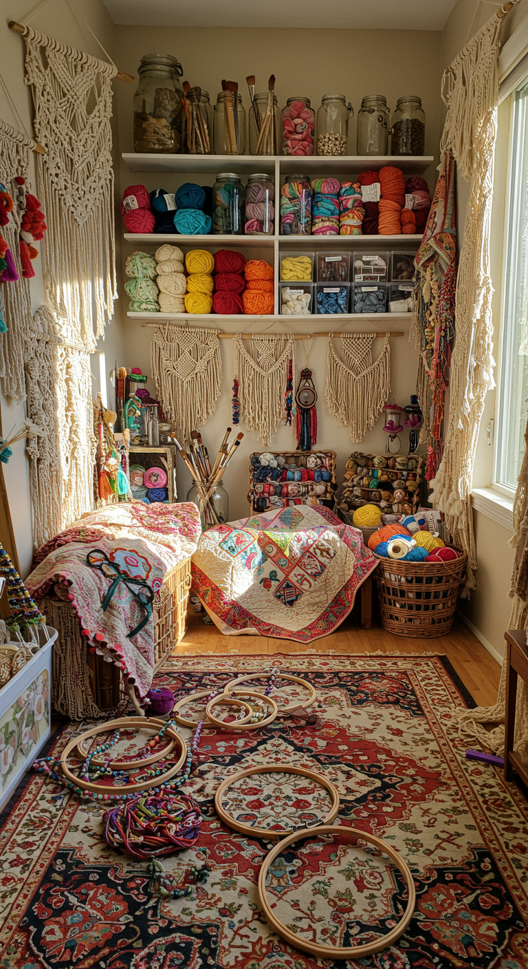 Bohemian Craft Room Ideas - A sun-drenched bohemian craft room filled with an eclectic mix of textures and colors. Macrame wall hangings adorn the walls alongside shelves overflowing with colorful yarn, vintage paintbrushes in repurposed glass jars, and partially finished craft projects. A large, patterned rug sits beneath a wooden table scattered with beads, embroidery hoops, and a half-finished quilt, with a stray thread dangling from the edge.